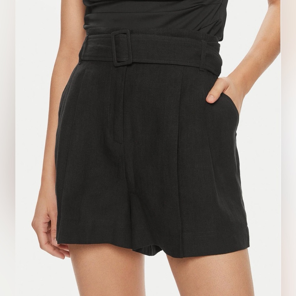 MARELLA Panama Linen Shorts Sz 12 Black Pleated Belted Pockets